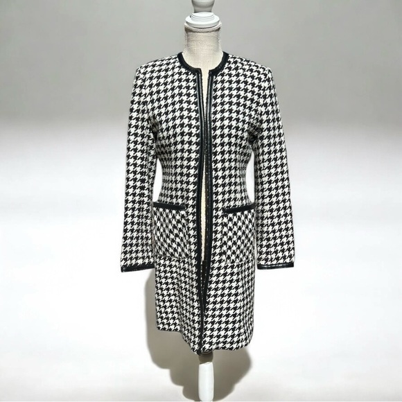 🌻VS2 By Vakko B&W Houndstooth Vegan Leather Trim Open Jacket Coat Size 4 - Picture 1 of 9